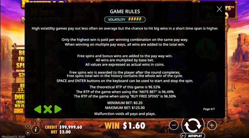 Buffalo King Megaways paytable showing RTP volatility and max win information